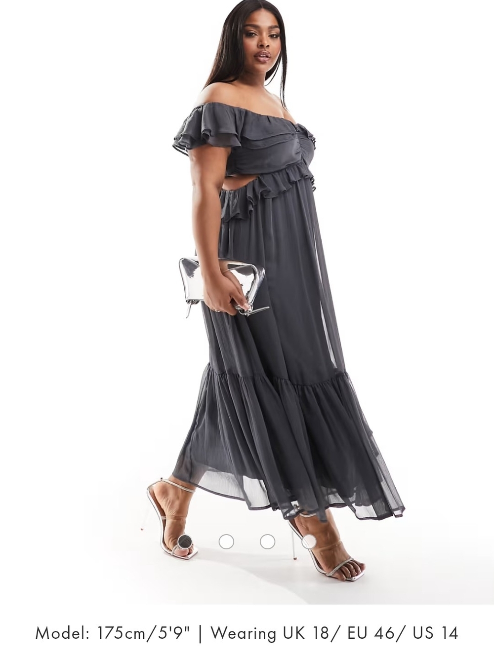 ASOS Curve Off-Shoulder Ruffle Maxi Dress in Charcoal